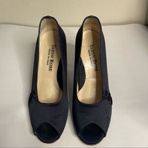 Taryn Rose Black Satin Peep Toe Heels with Shoe Lace Stitched Detail size 37